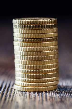 stacked together metal cash coins, close-up of European moneyの写真素材