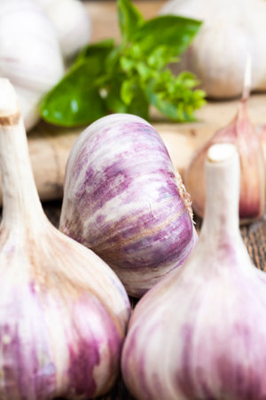 fragrant and ripe garlic during cooking, kitchen table during cooking foodの写真素材