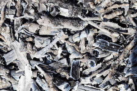 gray cold coals from burnt wooden logs after a fire or bonfire, closeup of ashesの写真素材