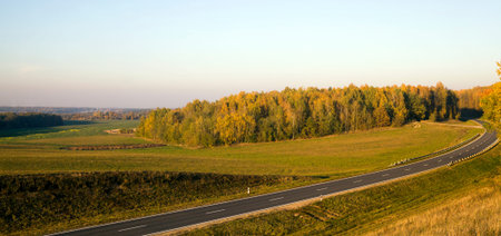 a landscape from a hill, agricultural fields with green plants , and a curved road built through a...