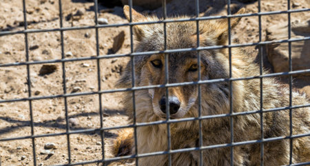 old gray wolf sitting in a cage in a zoo, close-up of a wild dangerous predator