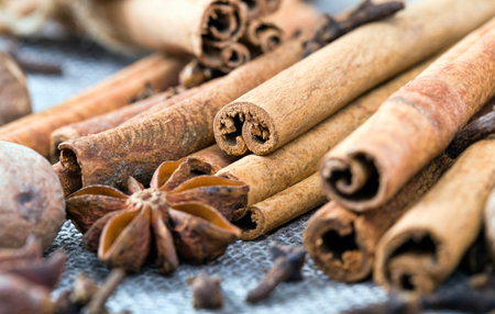 fragrant sticks of bark cinnamon on the tablecloth along with dry and fragrant star anise, close-up...