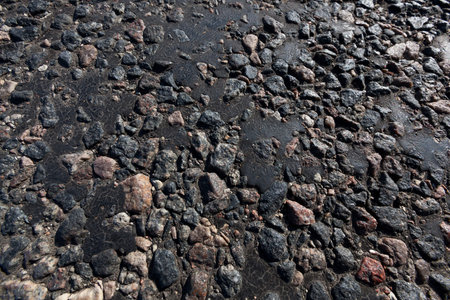 part of the paved road, close-up on the road drenched in black resin, which emerges through the...