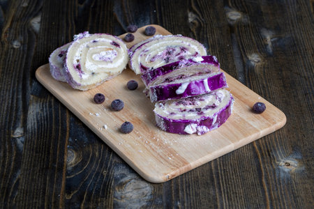 cottage cheese dessert made of soft dough and creamy filling with blueberries, blueberry-flavored...