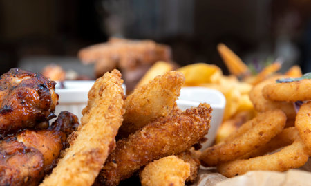 fried onion rings with other products in the cafe, onion rings cooked and fried in sunflower oil,...