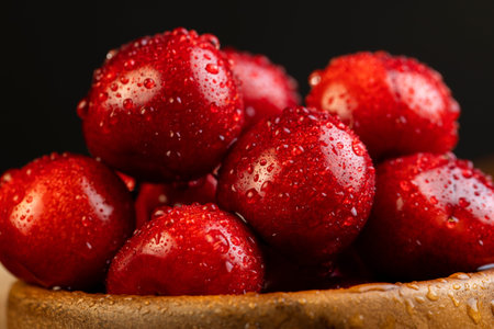 covered with drops of water, delicious sweet cherries on a slate board, delicious collected and wet...