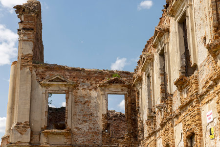 red brick ruins, damaged red bricks from the wall of an ancient buildingの写真素材