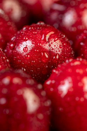 covered with drops of water ripe red cherries on the table, sweet cherries in drops of waterの写真素材
