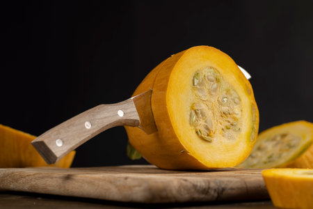 Slice orange ripe pumpkin, slicing ripe pumpkin on a black cutting table, side viewの写真素材