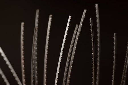 sharp metal wood saw blades, multiple metal brittle woodworking blades, selective focus closeupの写真素材