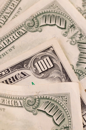 100 old US dollars close-up, details of authentic paper money with a face value of one hundred American dollarsの写真素材