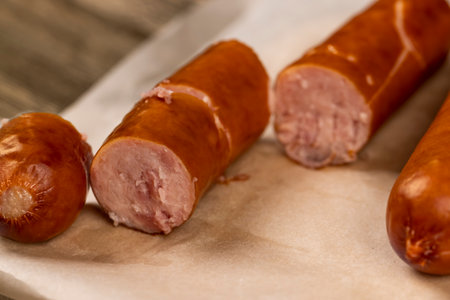 thin pork sausage fried in oil, meat sausages on food paperの写真素材