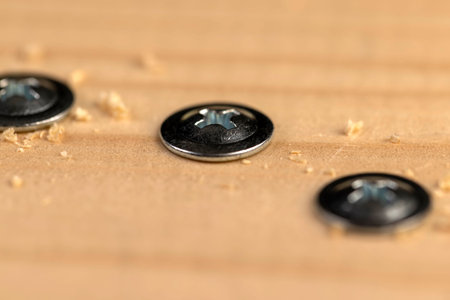 steel self-tapping screws with a shiny wide cap screwed into a wooden board, a row of iron screws...