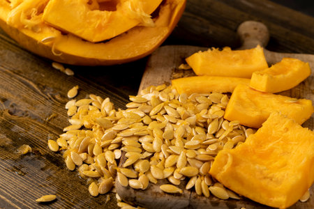 wet seeds of orange pumpkin, large pumpkin seeds that have just been removed from a cut pumpkinの写真素材