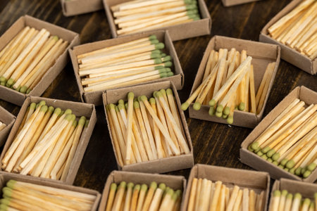 matchboxes with matches with sulfur for ignition, open matchboxes with new matches made of natural...