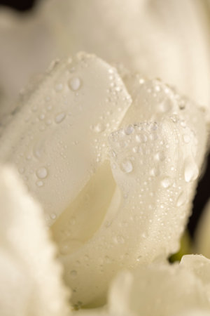 a white tulip bud covered with water droplets, wet and beautiful white tulip flowers, closeupの写真素材