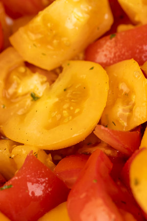 red and yellow tomatoes, preparation of salad from sliced tomatoes with spices and oil, selective focus, side viewの写真素材