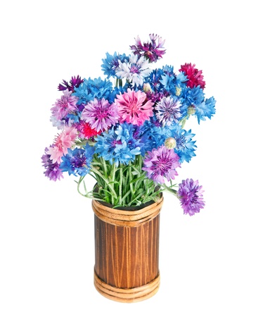 Bouquet of many beautiful multi-colored cornflowers flowers  in vase isolated on white backgroundの写真素材