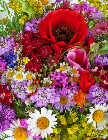 Beautiful wildflowers bouquet background. Cornflower, camomile, carnation, hand bell, poppy and over flowersの写真素材