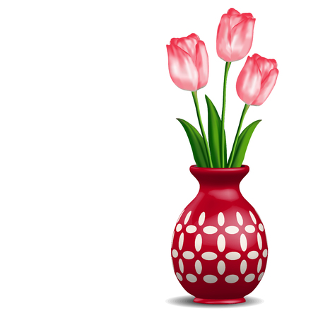 Red vase with rosy tulips posy isolated on whiteのイラスト素材