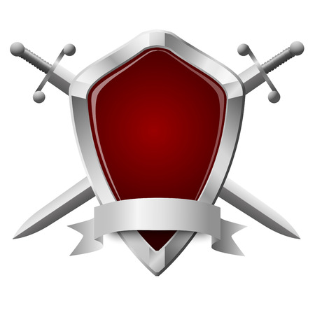 Two double-edged swords and a shield isolated on whiteのイラスト素材
