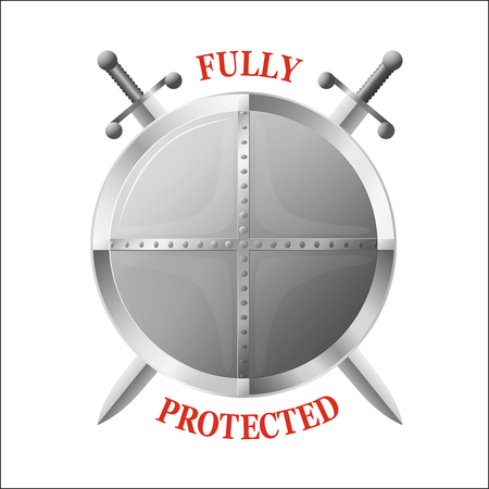 Metal shield with two crossed swords isolated on white. Symbol of full protection.のイラスト素材
