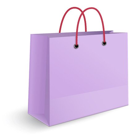 Classic violet paper shopping bag with yellow rope grips isolated on white background. View from one side.のイラスト素材