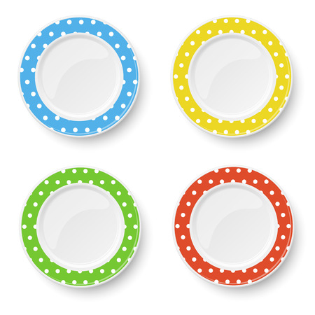 Set of color plates with white polka dot pattern isolated on white backgroundのイラスト素材