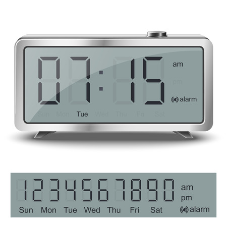 Retro liquid-crystal alarm clock with black numbers and glare metallic body isolatedのイラスト素材