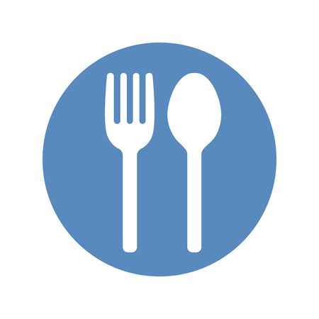Fork and spoon icon placed in blue circle. Restaurant, cafe symbol.のイラスト素材
