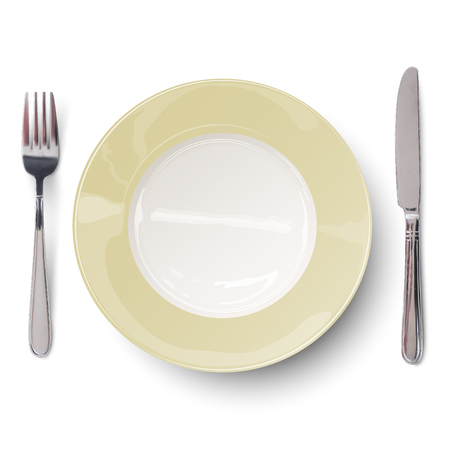 Empty plate with ivory-colored design with knife and fork isolated. View from above.のイラスト素材