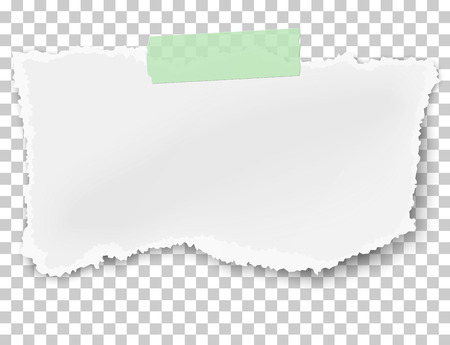 Vector rectangular ragged paper wisp with soft shadow placed on green adhesive sticky tape on transparent checkered backgroundのイラスト素材