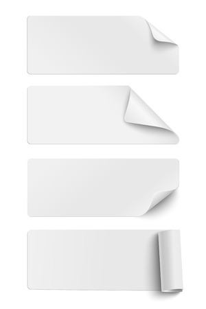 Set of oblong white sticky paper pieces. One piece has rolled end and others have curled corners  with shadow isolated on white backgroundのイラスト素材