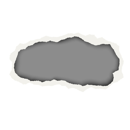 Snatched hole in white paper sheet. Background of the resulting window is dark gray. Edges of the hole have soft shadow. Template paper design.のイラスト素材