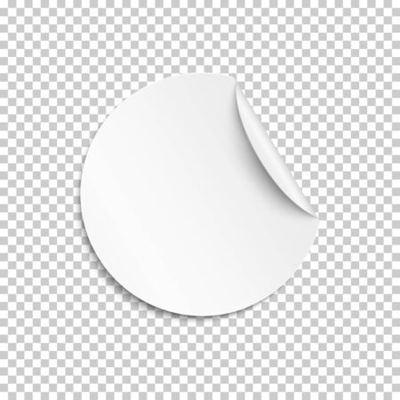 Blank sticker, empty promotional label, white round circle tag with curled corner isolated on transparent background. Vector illustration.のイラスト素材