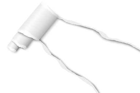 Vector diagonally snatched middle of white paper with torn edges and paper curl for ad and other aims. Template paper design.のイラスト素材