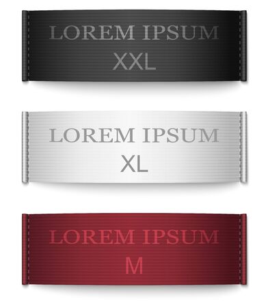 Set of black, white, red color fabric tags isolated on white background. Vector template label design.のイラスト素材
