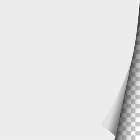 Sheet of white paper with curled corner and transparent background under it. Vector paper mockup.のイラスト素材