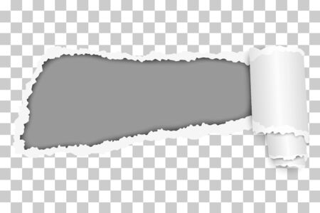 Vector snatched hole in sheet of transparent paper with soft shadow, paper curl and gray background. Paper mockup illustration.のイラスト素材