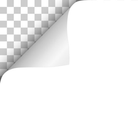 Sheet of white paper with curled upper left corner and transparent background under it. Template paper design. Vector illustration.のイラスト素材