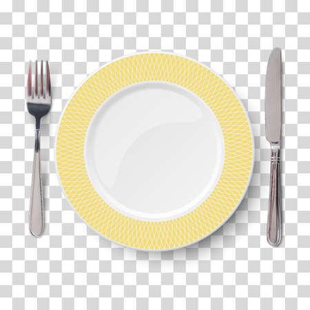 Empty vector yellow plate with geometric white pattern and knife and fork isolated on transparent background. View from above.のイラスト素材