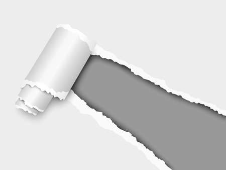 Torn, snatched window placed diagonally from lower right corner in white paper with paper curl. Dark gray background of the resulting hole. Vector template paper design.のイラスト素材
