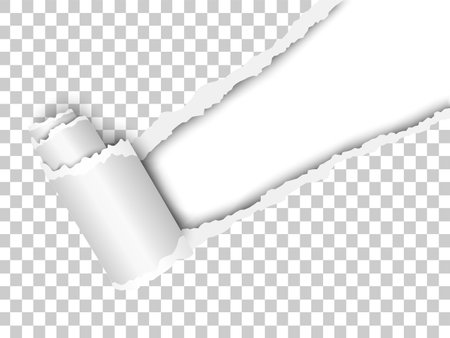 Torn, snatched window placed diagonally from upper right corner in checkered transparent paper with paper curl. White background of the resulting hole. Template paper design.のイラスト素材
