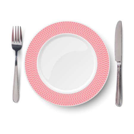 Empty vector rose plate with geometric white pattern and knife and fork isolated on white background. View from above.のイラスト素材