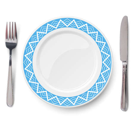 Empty vector blue plate with white geometric line pattern and knife and fork isolated on white background. View from above.のイラスト素材