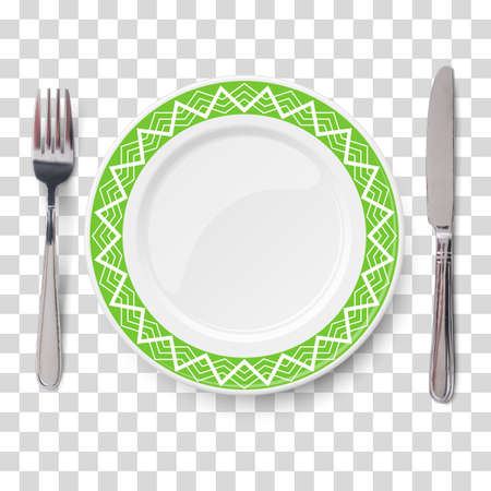 Empty vector green plate with white geometric line pattern and knife and fork isolated on transparent background. View from above.のイラスト素材