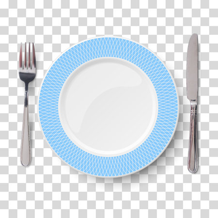 Empty vector blue plate with geometric white pattern and knife and fork isolated on transparent background. View from above.のイラスト素材