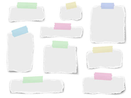 Set of paper different fragments scraps on color sticky adhesive tape isolated on white background. Vector illustration.のイラスト素材