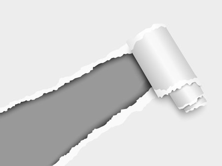 Torn, snatched window placed diagonally from lower left corner in white paper with paper curl. Dark gray background of the resulting hole. Vector template paper design.のイラスト素材