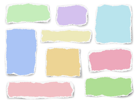 Set of paper different color fragments scraps isolated on white background. Vector illustration.のイラスト素材